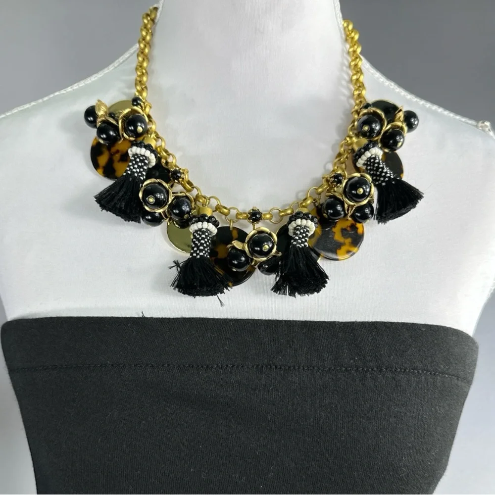 J. Crew Statement Gold Chain Tortoiseshell Tassel Charm Necklace Preppy‎ Glam